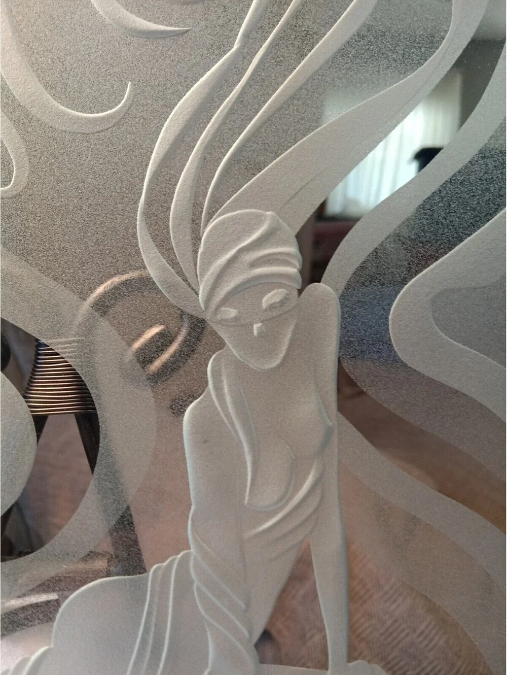 Postmodern Deep Carved Sandblasted Art Glass Charger Platter Lady Silhouette...